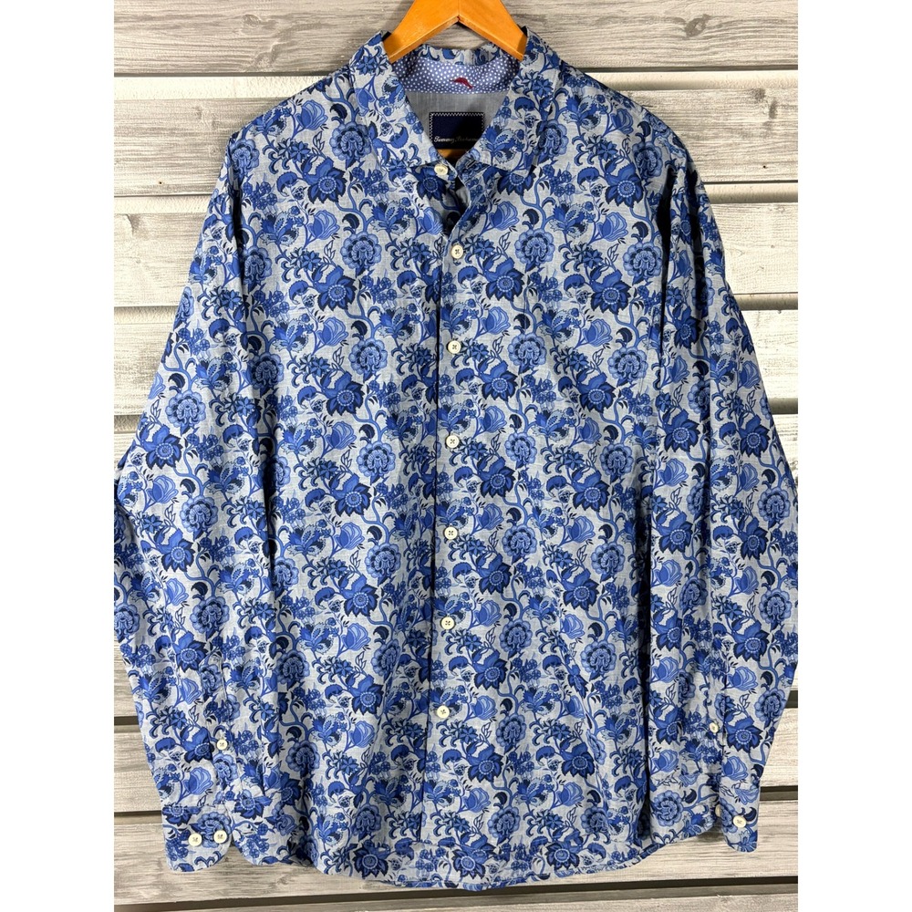 Tommy Bahama Mens XL Blue Floral Paisley Pima Cotton Long Sleeve Button Up Shirt